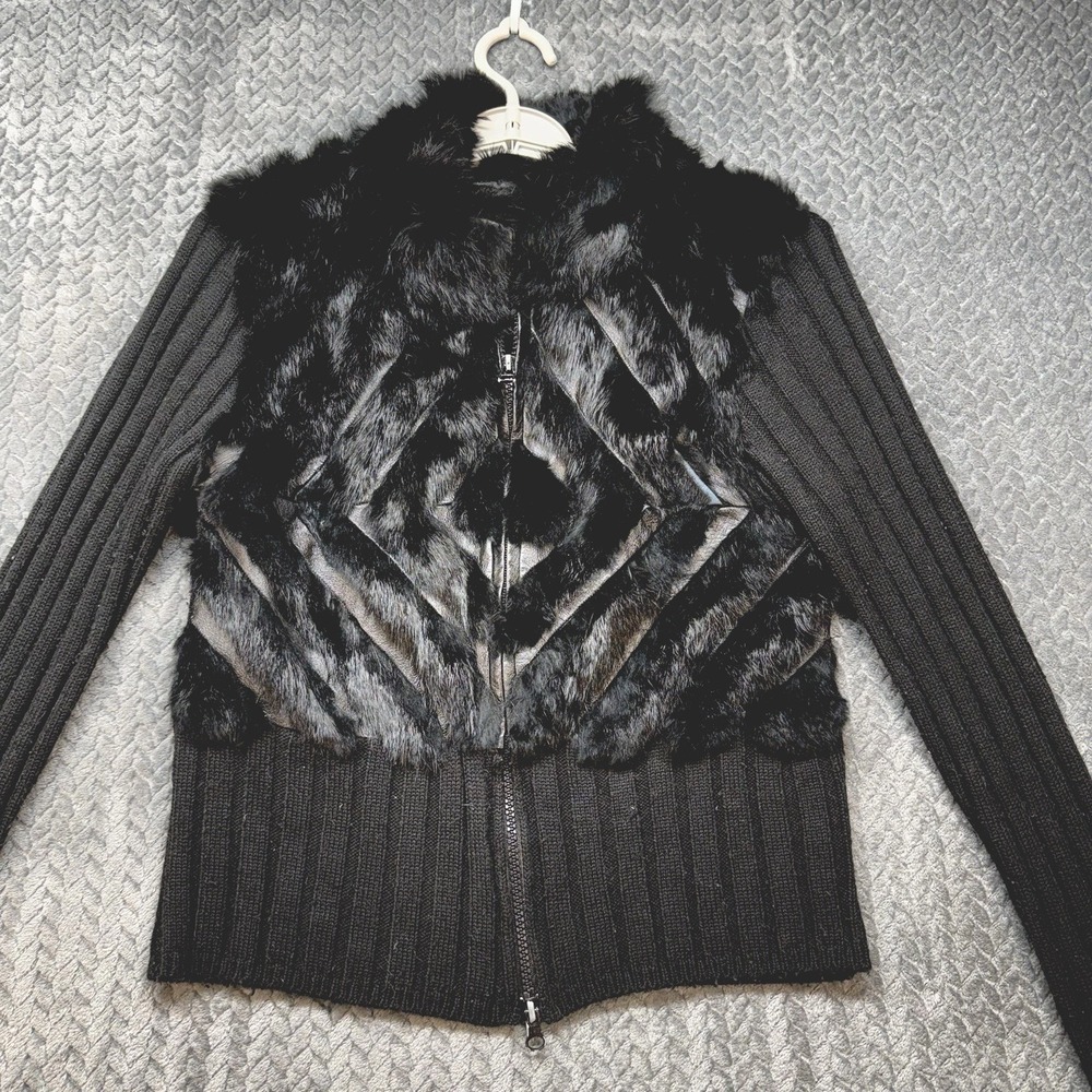 Y2K Arden B Rabbit Fur Jacket Women Medium Black Cropped Knit Zip Sweater